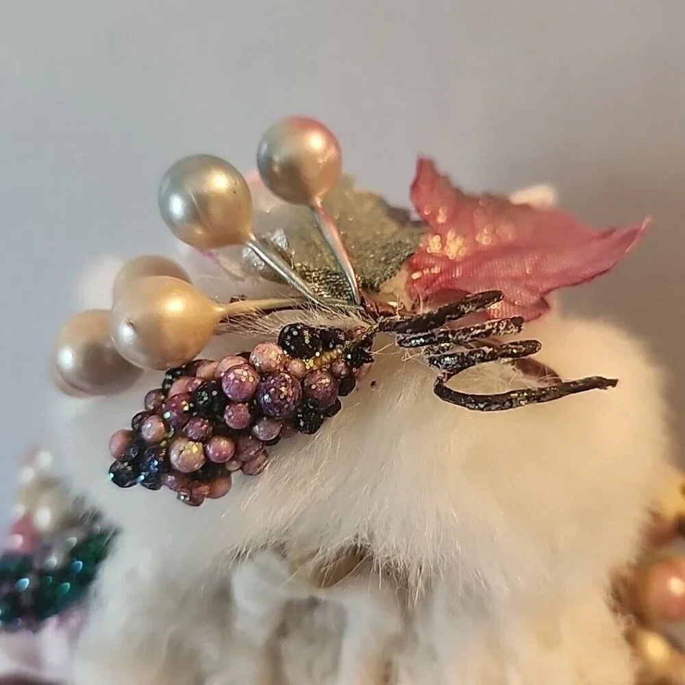 Pink Velvet Santa 13.5” Tree Topper with Birds and Birdcage Fur Floral Vintage